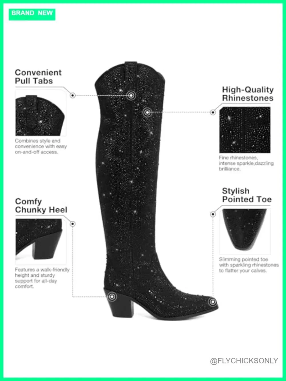 Rhinestone Cowboy Boots, Over the Knee Cowgirl Boots, Pointed Toe Chunky Heel